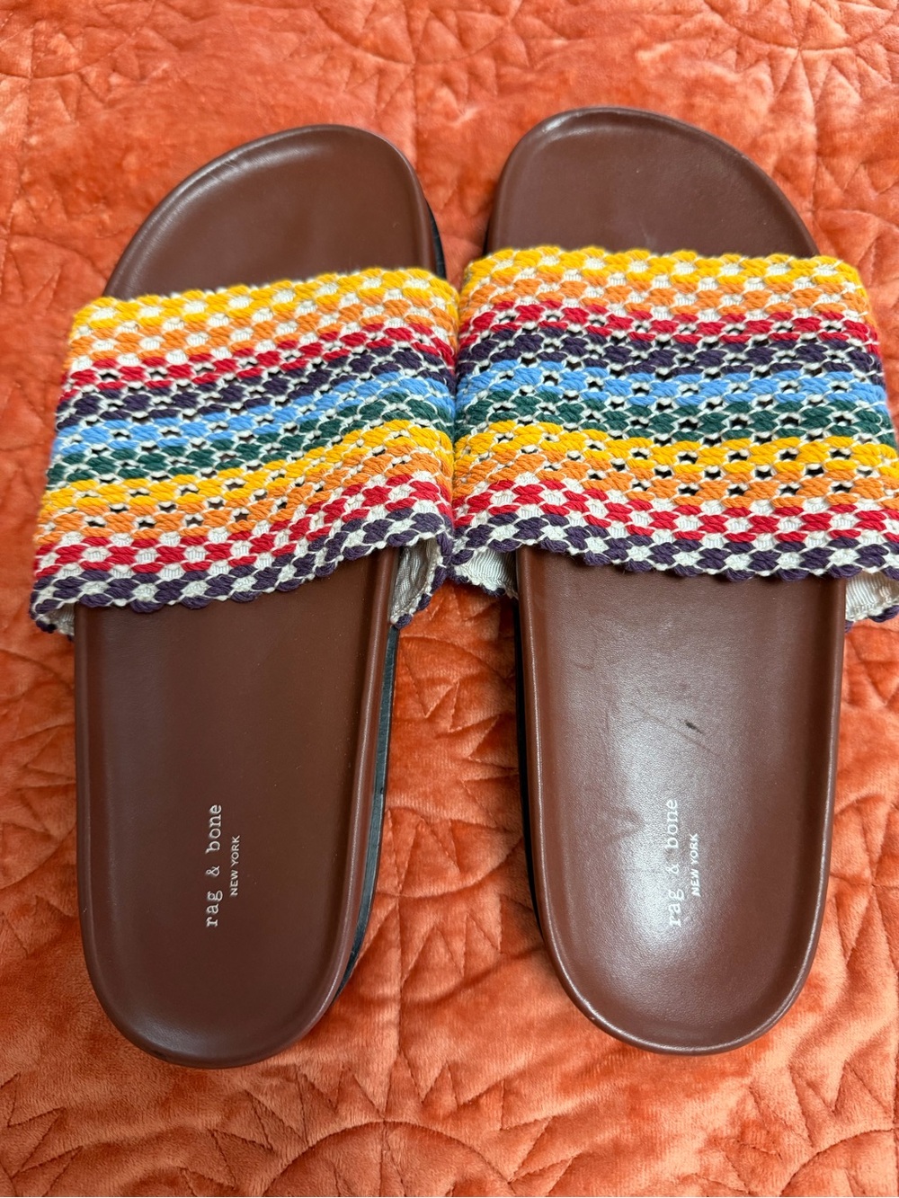 rag & bone Women's Brown Slide Sandals with Multicolor Woven Strap